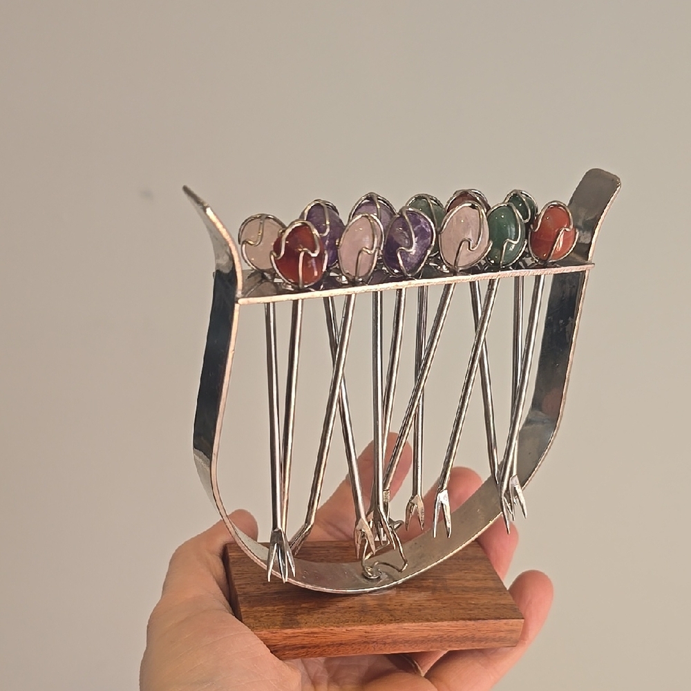 Vintage MCM Gemstone Cocktail, Appetizer Forks/Picks In Wood & Chrome Rack